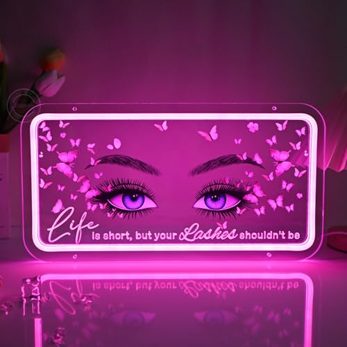 Britrio Pink Lashes Neon Sign Light for Beauty Salon Eyelash Extension Studio Business Stores Logo Office Butterfly LED Wall Art Decor Sign Lash Tech Birthday Gift 5V USB Powered with Dimmer Switch
