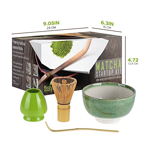 Tealyra - Matcha - Start Up Kit - 4 items - Matcha Green Tea Gift Set - Japanese Made Green Bowl - Bamboo Whisk and Scoop - Whisk Holder - Gift Box