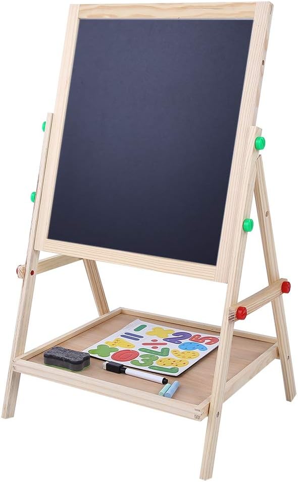 2 in 1 Double Side Baby Kids Child Standing Art Wooden Drawing Board, Rollover Proof Adjustable Art Easel with 2 Chalkboard for Kids Inspire Painting Seamless Stitching