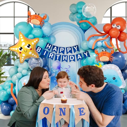 Image of DBKL Under the Sea Party Decorations, 167Pcs Under The Sea Balloon Arch Kit, Blue Teal Light Blue Orange Long Balloons Marine Animals Foil Balloon for Baby Shower Birthday Pool Party Supplies