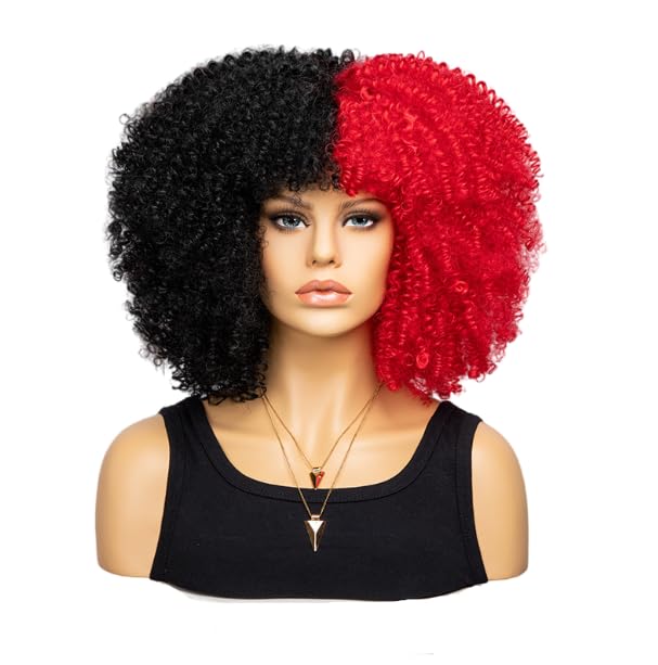 Fashion Afro Curly Wig Synthetic Short Full Wig Women Wig For Halloween Party Christmas Costume Wig (Black Red)