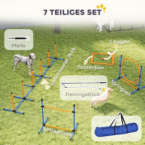 PawHut Agility Set Hunde 7-teilig Agility-Ausrüstung für Hundetraining Steckhürdenset mit Slalomstangen Sprunghoop 2 Bälle höhenverstellbar Hürden Koordinationstraining für Spiele Training