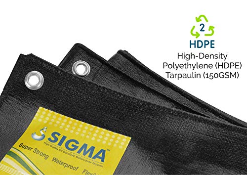 Image of SIGMA (LABLE) 12FT X 10FT 230 GSM Waterproof Tarpaulin Heavy Duty HDPE Sheet Super Strong Tirpal, 250 Micron UV Treated Rain, Roof, Shed Protection Multipurpose Cover, Black (Eyelets Every 3ft)