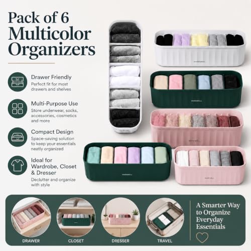 Image of MARKWELL Plastic Drawer Organizer Set of 6 for Underwear, Socks, Bras, Scarves & Ties | Stackable Closet Storage Boxes for Wardrobe, Drawer, Dresser & Cabinet | Multicolor