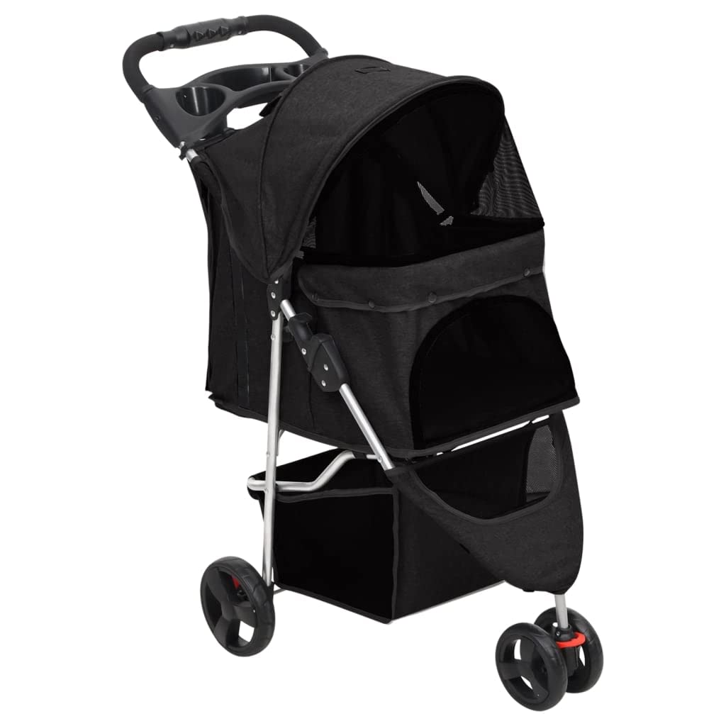 vidaXL Folding Dog Stroller Portable Puppy Pushchair Wheeled Dog Carriage Pet Puppy Pram with Storage Black 80x46x98 cm Oxford Fabric