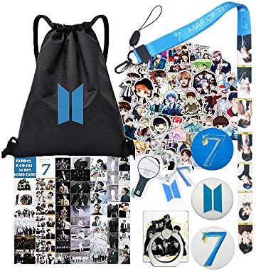 K-pop Fans Gifts Set for Army-1 Pack Drawstring Bag/50 Pack Cartoon Sticker/3 Button Pins/54 Pack Map of Soul 7 Lomo Card/1 Keychain/1 Lanyard/1Phone Ring