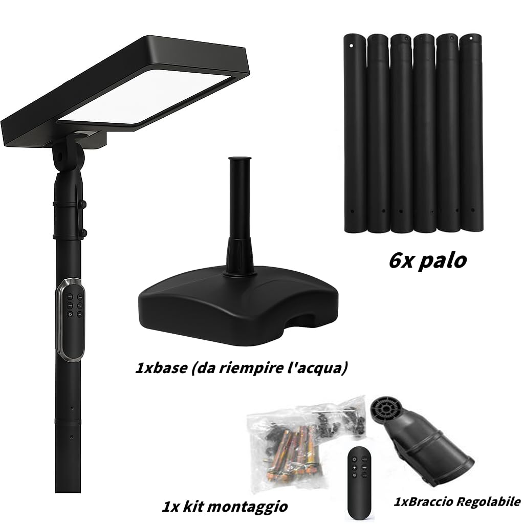 Dopa Lampione LED Solare 240W da Esterno con Palo e Base Faro Lampada Solare per Giardino Cortile Kit Completo con Telecomando Magnetico IP54 Metallo e ABS con 3 Temperature di Luce 3000K/4000K/6500K