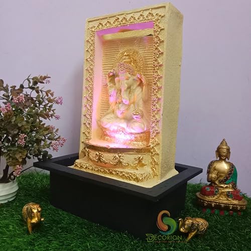 Image of Decorative Table Top Water Fountain for Home Decor /Office /Indoor & Outdoor /Garden /Puja Room /Vaastu with Multicolor LED Light and Adjustable Water Pump (Yellow Ganesh)