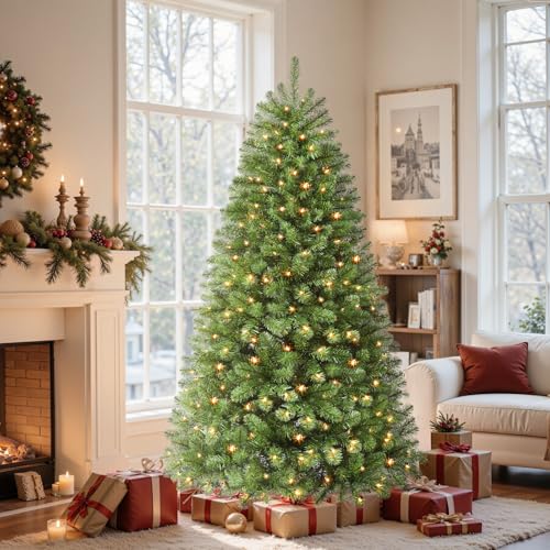 SHareconn 180CM Sapin de Noël Lumineux, 250 LED Blanc Chaud, 8 Modes d'Éclairage Réglables, 778 Pointes de Branches, Support Métallique Pliable, Arbre de...