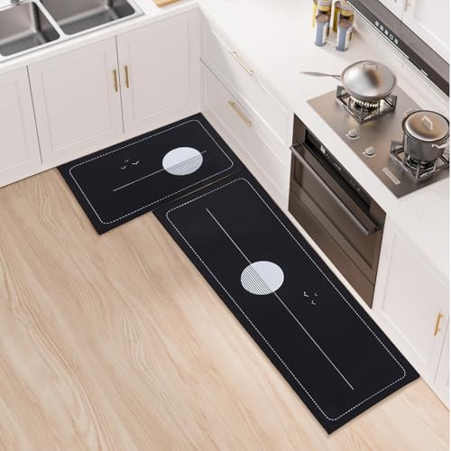 LY4U Kitchen Mat Sets Non slip Washable, Non-slip 2 PCS Kitchen Rugs Runner, Anti Fatigue Kitchen Floor Mat for Home Decoration, Office, Sink, Standing Desk, 43x75+43x120cm, Black
