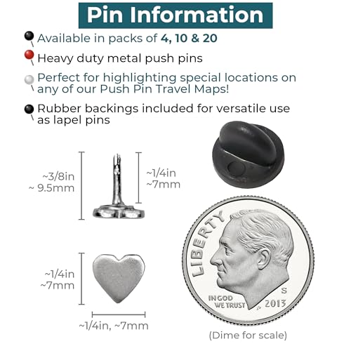 Image of Mini Silver Heart Push Pins - Mini Silver Metal Heart Map Pins - for Cork Board, Maps, or Lapel Pin Use - Designed in USA - Set of 20