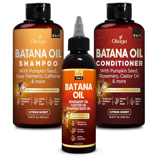 Okaga Batana Oil Shampoo, Conditioner & Leave-On Blend – Aloe Vera, Biotin, Rosemary, Jojoba, Castor & Pumpkin Seed – Plant-Based Hair Care Set for Nourishment & Growth