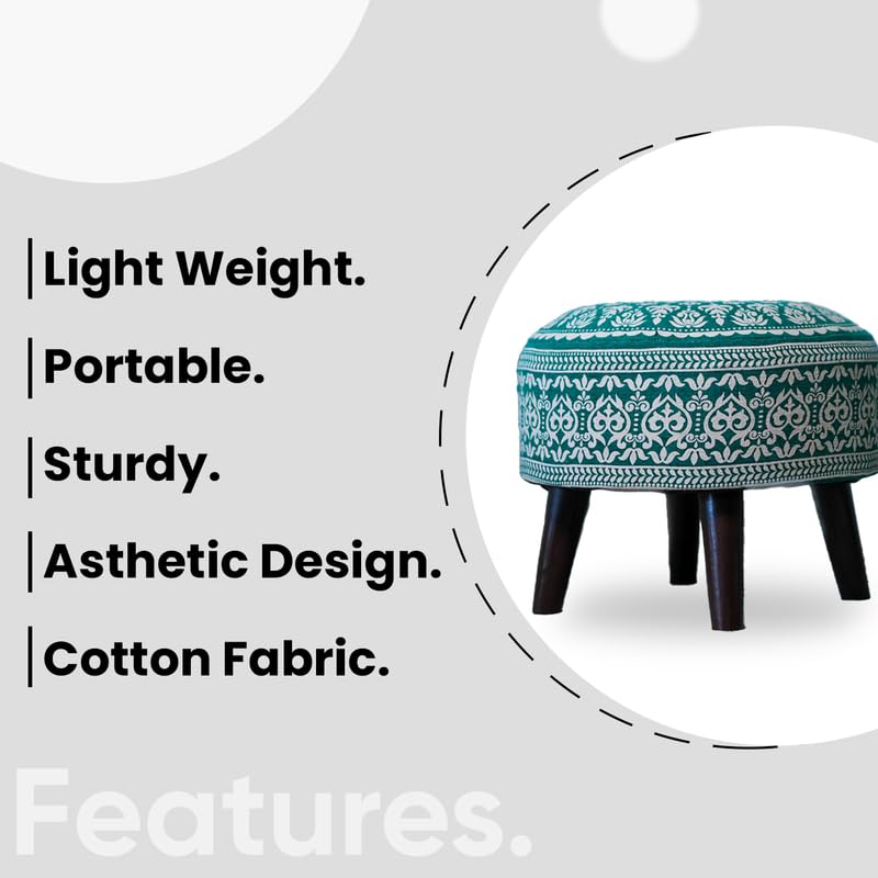 Image of Stool Ottoman Pouffes for Living Room, Kitchen, Home, Office Furniture with Soft Cotton Cushion Mudda Footrest Stool for Chair Sofa Bed Dressing Decor, Mandala Green (14 Inch Pack of 1)