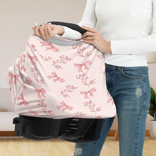 Image of Baby Car Seat Cover Girl Infant Car Seat Canopy Covers for Newborn, Soft Breathable Carseat Covers Stretchy Multi-Use, Pink Bow