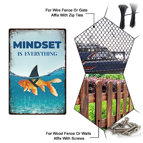 GLOBLELAND Goldfisch-Hai-Vintage-Metall-Blechschild Kunstplakette Poster Retro „Mindset Is Everything“ Metallwand-Dekorative Blechschilder 12x8inch Für Zuhause Küche Bar Café Club Sommer Dekoration