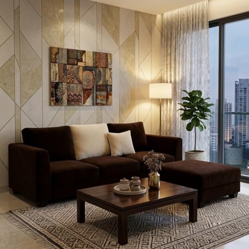 Image of SOCOZI Trevano 4 Seater L Shape Sofa Set with Movable Ottoman | Flexible Left or Right Layout | Soft Velvet Suede Fabric | Modern Design | Plush Comfort Cushions for Living Room (Dark Brown-Cream)