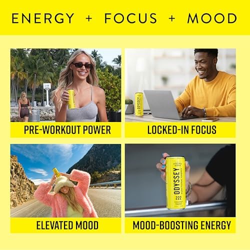 Image of Odyssey Functional Energy Drink, Pineapple Mango, 222mg Green Tea Caffeine, Clean Energy & Focus, Low Calorie, No Added Sugar, No Crash, Lion's Mane & Cordyceps, 12 Pack 12 Fl Oz