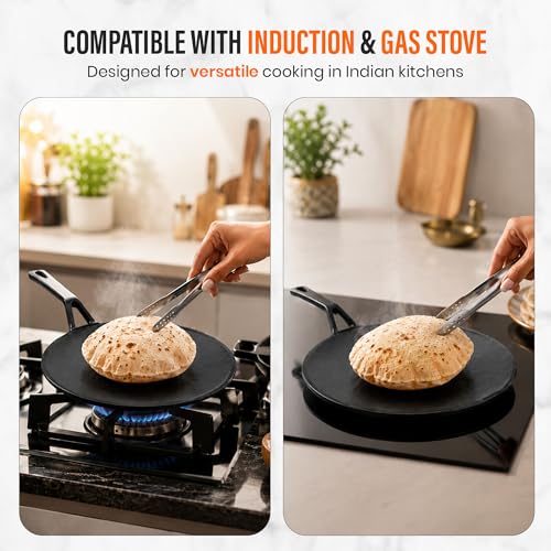 Image of Cast Iron Roti Tawa with Handle|Pre-Seasoned Non-Stick Iron Tawa for Roti /Dosa /Chilla |Heavy Duty Non-Toxic Cookware |Stove & Induction Compatible | Black, 28cm, 2kg
