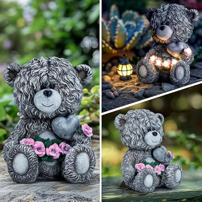 Solar Garden Outdoor Statues Bear with Heart and Pink Flower and 5 LED Lights-Lawn Decor Bear Statue for Patio, Balcony, Yard Ornament-Unique Mother's Day and Housewarming Gifts for Mom, Women