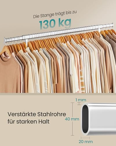 SONGMICS Kleiderständer auf Rollen, Garderobenständer, hochbelastbar, ausziehbare Kleiderstange, bis 130 kg belastbar, 45 x (110-150) x 162,9 cm, aus Metall, verchromt, silbern HSR11S