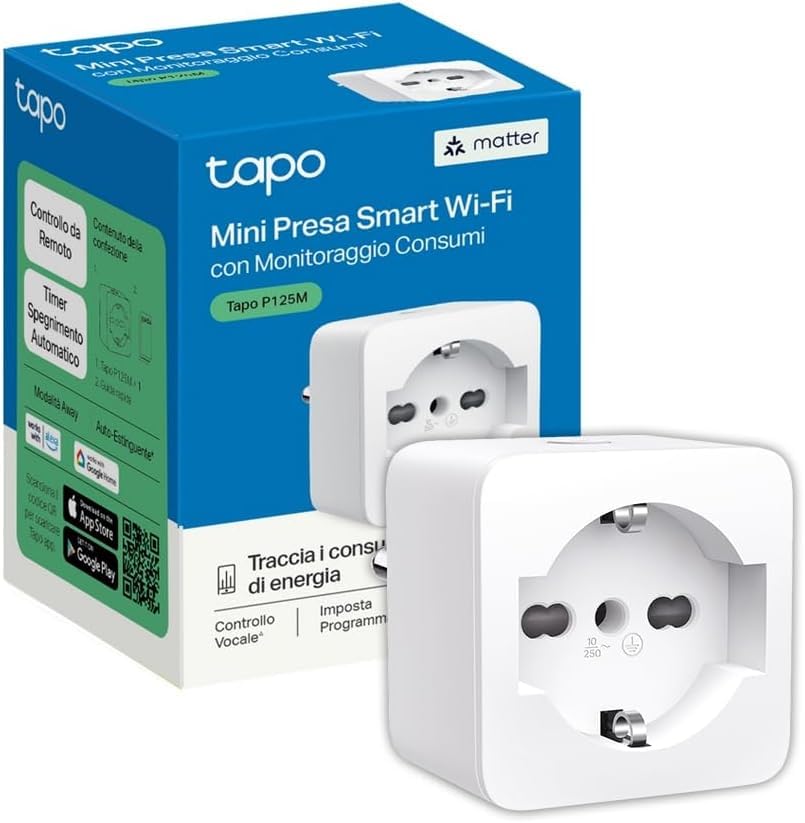 TP-Link Tapo P125M Matter Inteligentne Włoskie Gniazdo Monitorowania Energii, Inteligentna WiFi Smart Plug, Kompatybilny z Alexa i Google Home, Głosu i Zdalnego Sterowania, Czas Preselekcji