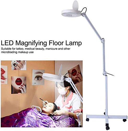 Lampa do salonu kosmetycznego do tatuażu Zimne światło LED 5-krotna lupa Brwi Rzęsy Paznokci Chirurgia trądziku Bezcieniowa lampa podłogowa Składana z kółkiem (Kolor: A: biały) charitable