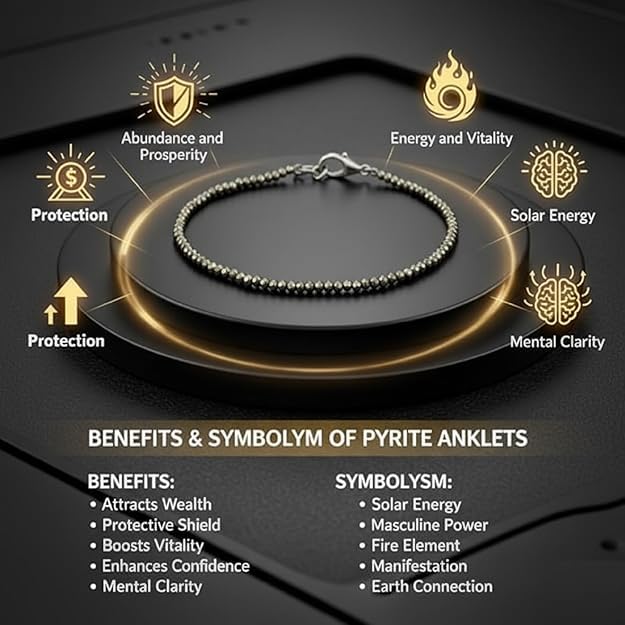 Image of JD FRESH Natural Pyrite Stone Anklet for Women /Raw Pyrite Bracelet /Silver Anklet /Black Metal Anklets /Natural Stone Jewellery for Wealth, Luck & Protection /Best Gift Item