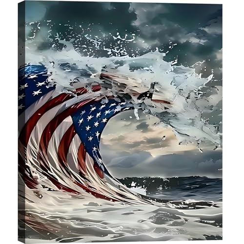 Image of Framed American Flag Ocean Wave Wall Art, Patriotic Abstract Canvas Art Pictures, USA Flag Wall Decor, Made in USA Ready to Hang for Living Room Bar