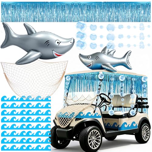 Foilswirl 31 Pcs Shark Golf Cart Parade Decorations Wave Border, Rain Curtain, Inflatable Shark, Pvc Bubble Decor, White Fishing Net Summer Golf Cart Decoration For Under The Sea Ocean Holiday Parade