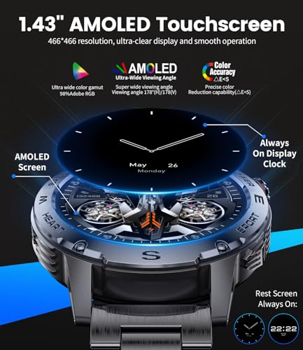 LIGE Military Smart Watch for Men(3 Bands), 1.43" HD AMOLED Sport Watch, Smartwatch with Bluetooth Call/Answer,IP68 Waterproof,160+ Sport Modes,460mAh Battery, Fitness Watch for Android iOS, Black - Image 4
