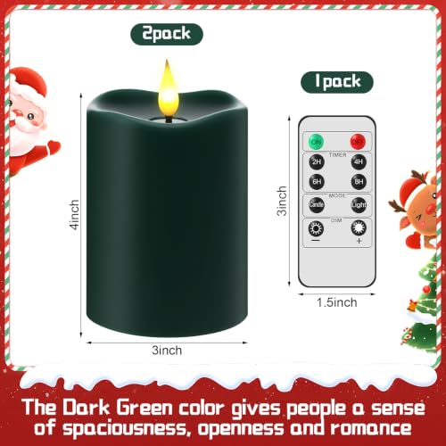 Image of Retisee Flameless LED Candles Real Wax, 2 Pcs, Dark Green, 3 x 4 in | Halloween Flameless Candles, Remote Timer, Realistic 3D Flickering Flame, Wedding, Thanksgiving Day, Christmas Decorations