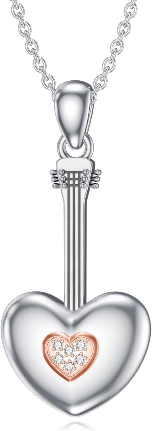 Diamond Love Guitar Necklace 925 Sterling Silver Musical Instrument Pendant for Women Jewelry Gifts for Guitarist or Music Teacher