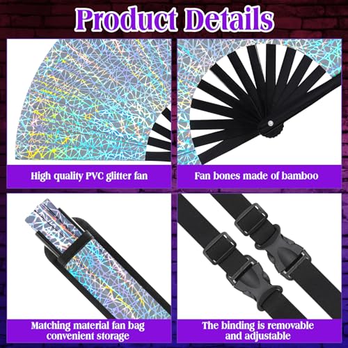 Image of FairySandy Large Rave Fan UV Glow Clack Summer Hand Fan with Thigh Holster for Women Carnival Party Supplies for Carnival Edm Music Festival Club Accessories(Silvery Ripple,Siver)