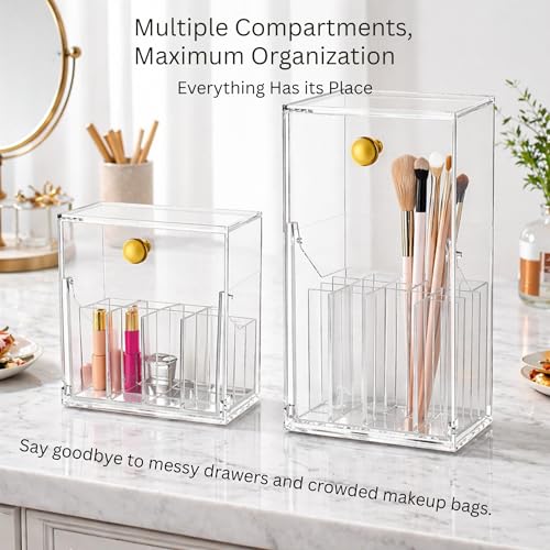 Image of KiZY Luxury Clear Acrylic Lipsstic Nail Polish Makeup Brush Organizer | Elegant Multi-Compartment Makeup & Desk Storage Box for Vanity or Office (Combo)