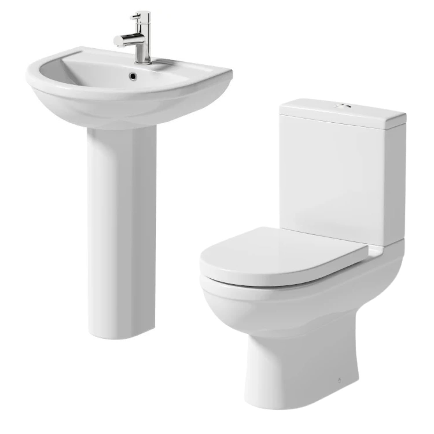 Affine® Milan Cloakroom Bathroom Suite Close Coupled Toilet WC Dual Flush Cistern Basin Full Pedestal Soft Close Freestanding Modern White Gloss