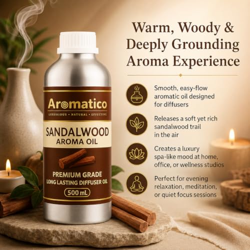 Image of AROMATICO Sandalwood Diffuser Oil, with Chandan Essential Oil | Refresh Homes, Offices & Showrooms | Aromatherapy, Diffusers, Air Purifiers, Vaporizers - 500ML