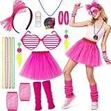 Dozesheep 80s Costume for Women, Neon 80s Fancy Dress for Women Outfit Set with Tutu Skirt, Leg Warmers, Fishnet Gloves, Headband, Earrings, Glasses 80s Accessories for 1980s Theme Party