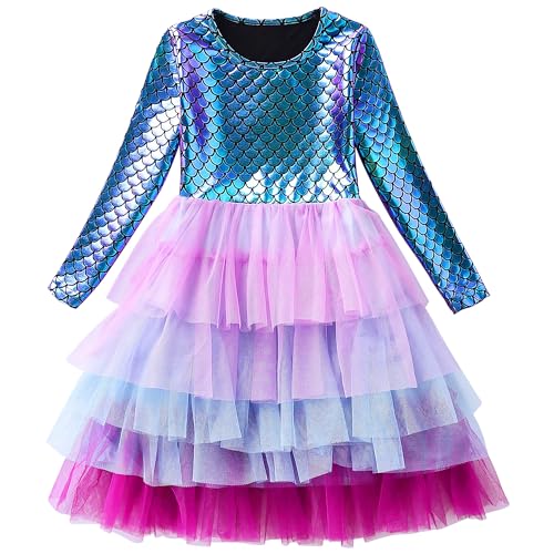 FILOWA Kleider für Kinder Mädchen Meerjungfrau Prinzessin Kostüm Langarm Elegant Kinderkleider Grün Violett Glitzer Tüllkleid Tutu Frühling Herbst Tüllrock Hochzeit Party Mädchenkleid, Gr.98-104