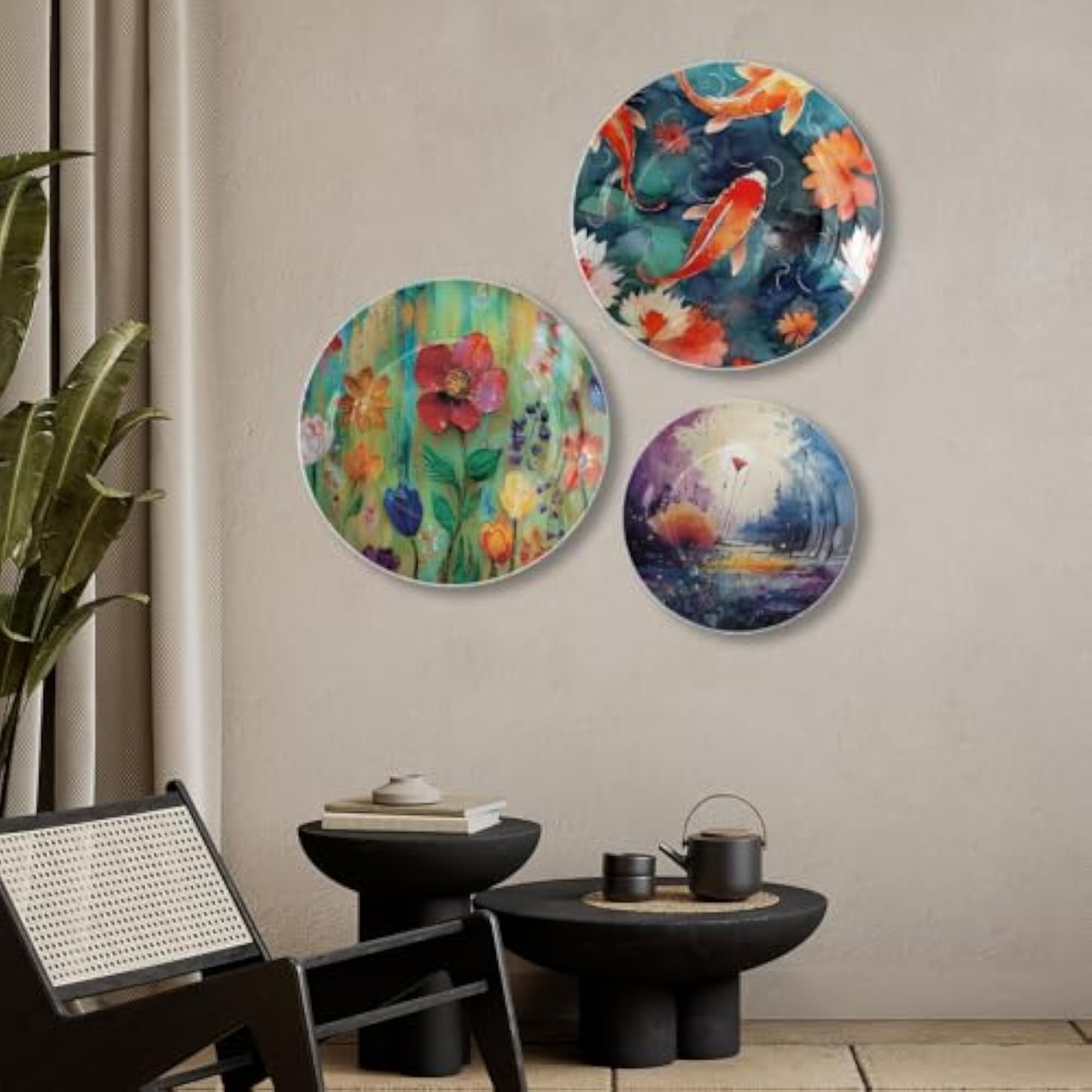 Set of 3 Artistic Koi Fish & Abstract Floral Ceramic Wall Plates