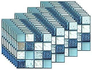 FBBULES 40PCS Tile Stickers, PVC Self-Adhesive On Tile Peel Stick Wallpaper Waterproof Wall Tiles Transfers Decor for Living Room Kitchen Mosaic Blue (10 x 10cm / 4 x 4 inch)