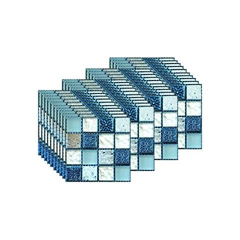 FBBULES 40PCS Tile Stickers, PVC Self-Adhesive On Tile Peel Stick Wallpaper Waterproof Wall Tiles Transfers Decor for Living Room Kitchen Mosaic Blue (10 x 10cm / 4 x 4 inch) Cover