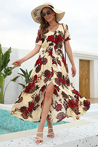 Image of VintageClothing Women's Floral Maxi Dresses Boho Button Up Split Summer Casual Long Dress Beach Party Dress