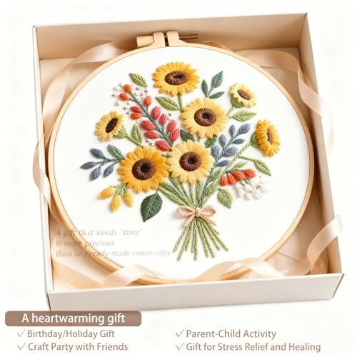Image of Sunflower Embroidery Kit for Beginners - All in One DIY Cross Stitch Starter with Hoop, Pre-Printed Fabric, Embroidery Threads, Needles,Perfect Craft Gift for & Home Decor
