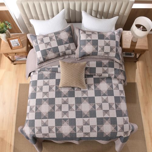 Image of EWlinens 100% Cotton 120 inchx120 inch Oversized King Bedspread - Rustic Cabin Star Patchwork Plaid Extra Large Quilts Bedding Set, Farmhouse Oversized King Quilt Bed Spread, 3 Pieces, Brown /Charcoal Gray