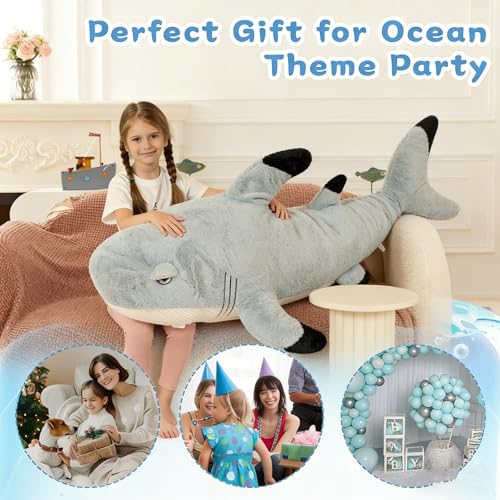 Image of Tezituor 51inches Giant Great White Shark Stuffed Animals, 4.3ft Oversize Gray Stuffed Shark Plush Body Pillow for Girls Boys, Realistic Ocean Plush Toy Christmas Birthday Gift Decora for Kids Adults