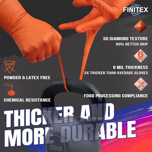 Image of FINITEX Disposable Nitrile Orange 6.3mil Mechanic Heavy Duty Gloves | Powder-free, Latex-free,Industrial-grade,Orange,3D Diamond Texture, Comfortable fit,Heavy Duty,Mechanic,House Home Cleaning