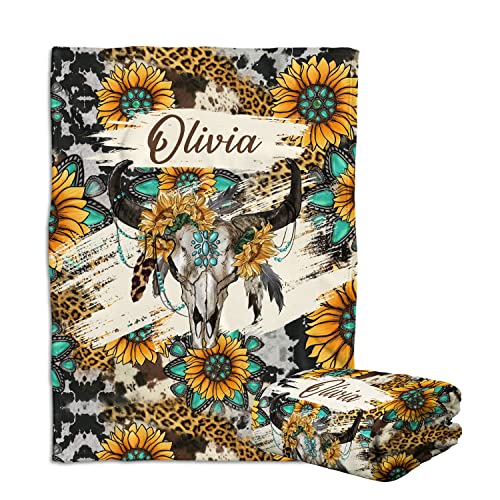 Sunflower Cow Skull Personalized Baby Blankets for Girls Boys, Custom Name Fleece Blankets for Newborn Infant Daughter