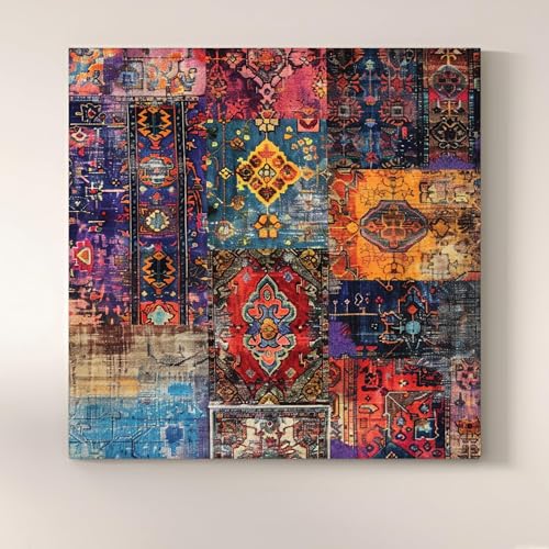 Image of Abstract Persian Rug Pattern Stretched Canvas Wall Art Painting for Living Room | Vintage Ethnic Patchwork Artwork Painting | Bohemian Decorative Wall Decor for Home & Office, 22x22 Inch