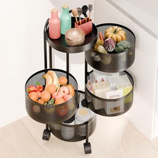 Honrane Rotating Storage Rack for Kitchen, 4 Tier Fruit and Vegetable Kitchen Storage Cart, Large Storage Rack with 360 Degree Wheels, Metal Wire Basket with Top Lid for Living Room, Office-5Lbd9MNY