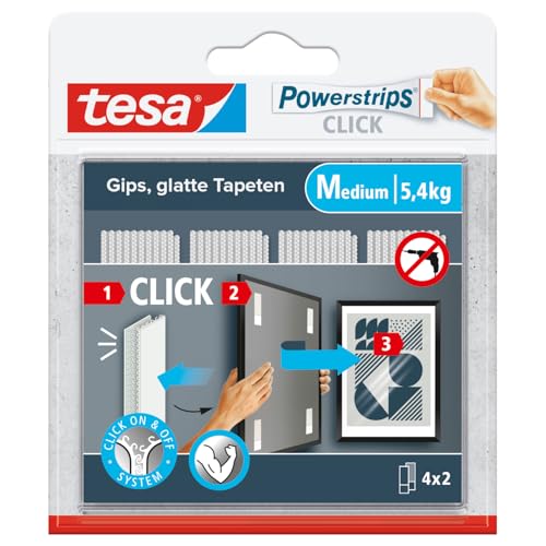 tesa Powerstrips CLICK - Strisce adesive per scatto rapido e libero di cornici per foto e decorazione da parete senza fori - Strisce adesive con sistema a scatto ON e OFF - Medio - 4 x 2 pezzi
